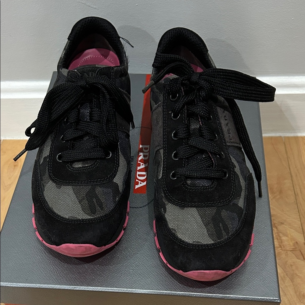 Prada Women's Black and Pink Camouflage Sneakers